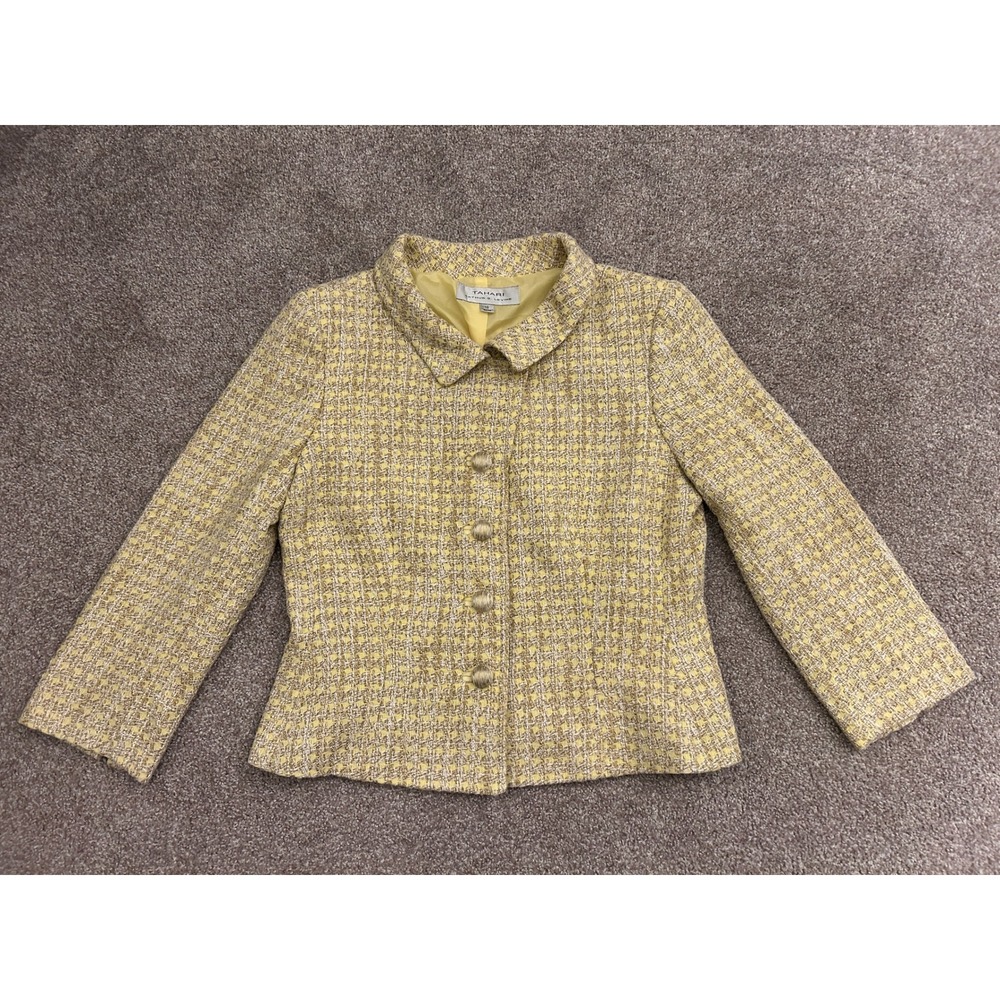 Tahari Academia Tweed Blazer Womens 10 Yellow Excellent Button Front Jacket